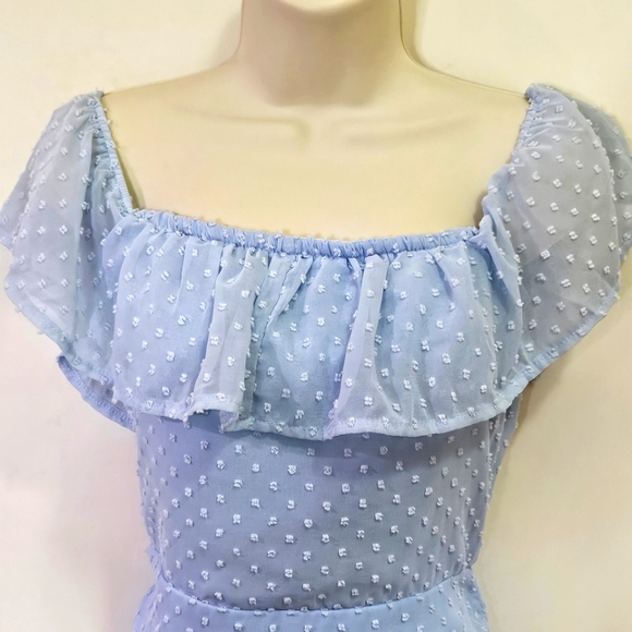Eilly Bazar Light Blue Raised Dot On/Off Shoulder Ruffle Ruched Dress,Large - Picture 5 of 16